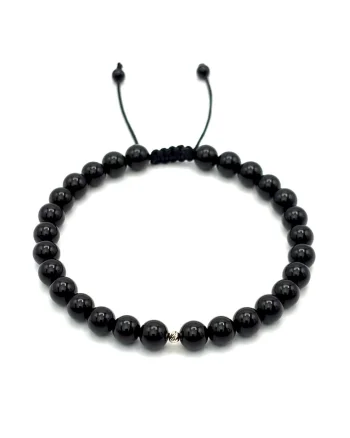 Bratara cu bila din AUR 14K si pietre naturale Onix de 6mm, snur reglabil, barbat