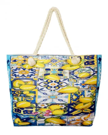 Geanta de plaja din material textil, cu imprimeu mediteranean cu lamai pe alb, galben si albastru