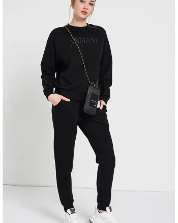 Bluza de trening cu decolteu la baza gatului si logo, Negru