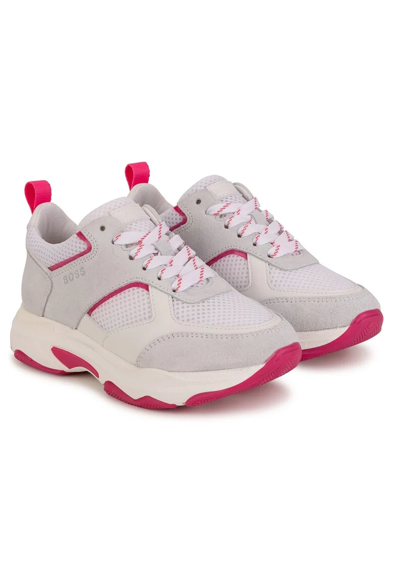 Pantofi sport cu insertii de piele intoarsa, Gri deschis/Crem