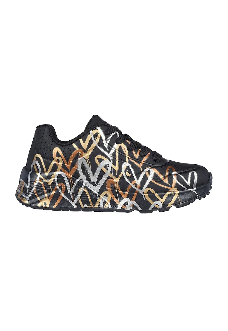 Pantofi sport de piele ecologica cu imprimeu cu inimi Street, Auriu/Negru/Argintiu