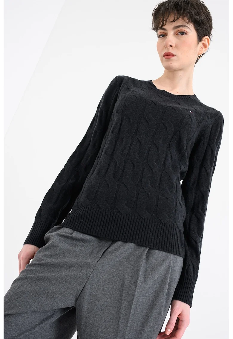 Pulover din lana cu guler rotund si model torsade, Negru