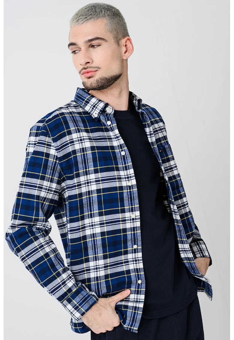 Camasa cu model in carouri si guler fixat cu nasturi, Alb/Galben/Bleumarin