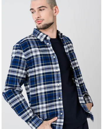 Camasa cu model in carouri si guler fixat cu nasturi, Alb/Galben/Bleumarin