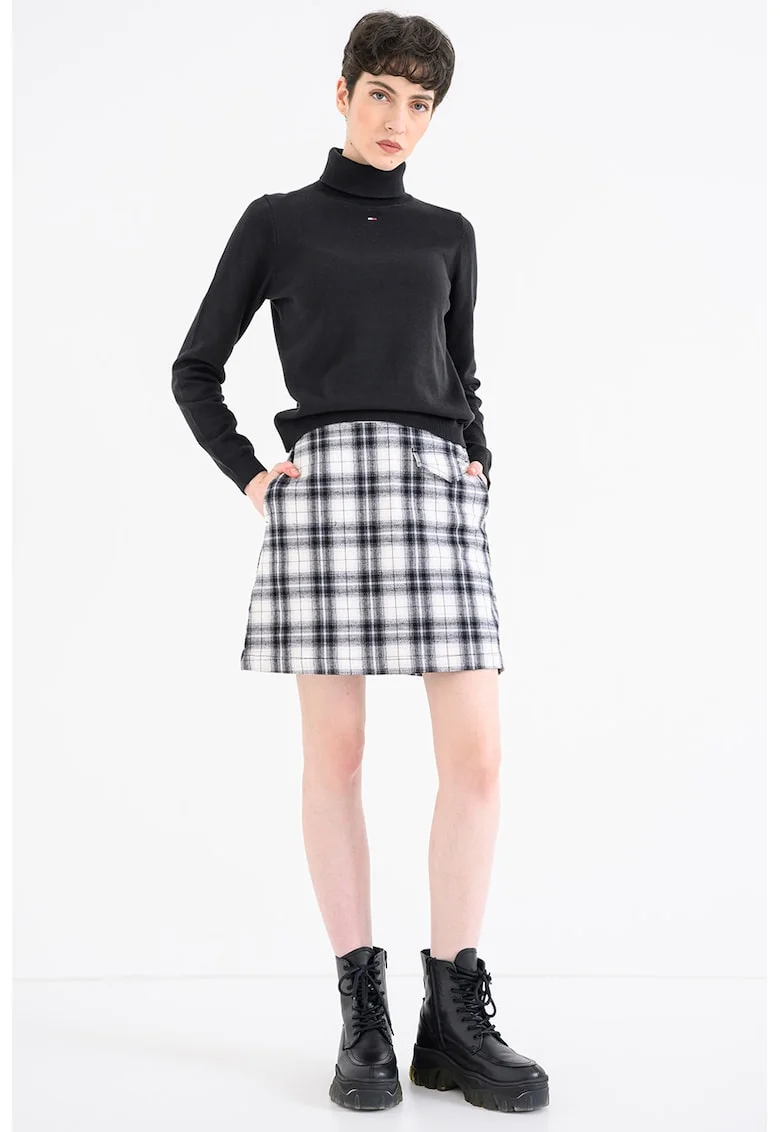 Pulover din bumbac organic cu guler inalt si model uni, Negru