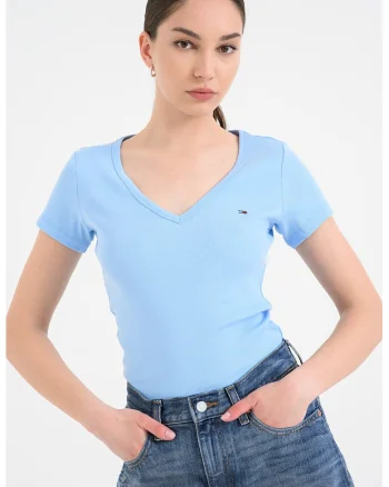 Tricou striat cu decolteu in V, Albastru pastel