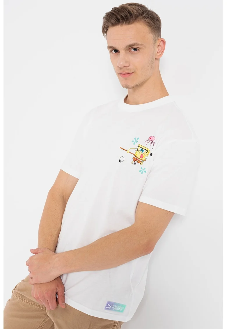 Tricou relaxed fit cu imprimeu si decolteu la baza gatului, Alb/Verde/Galben
