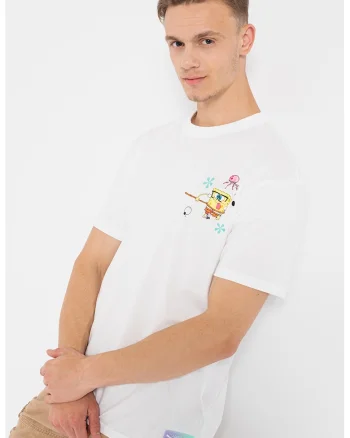 Tricou relaxed fit cu imprimeu si decolteu la baza gatului, Alb/Verde/Galben