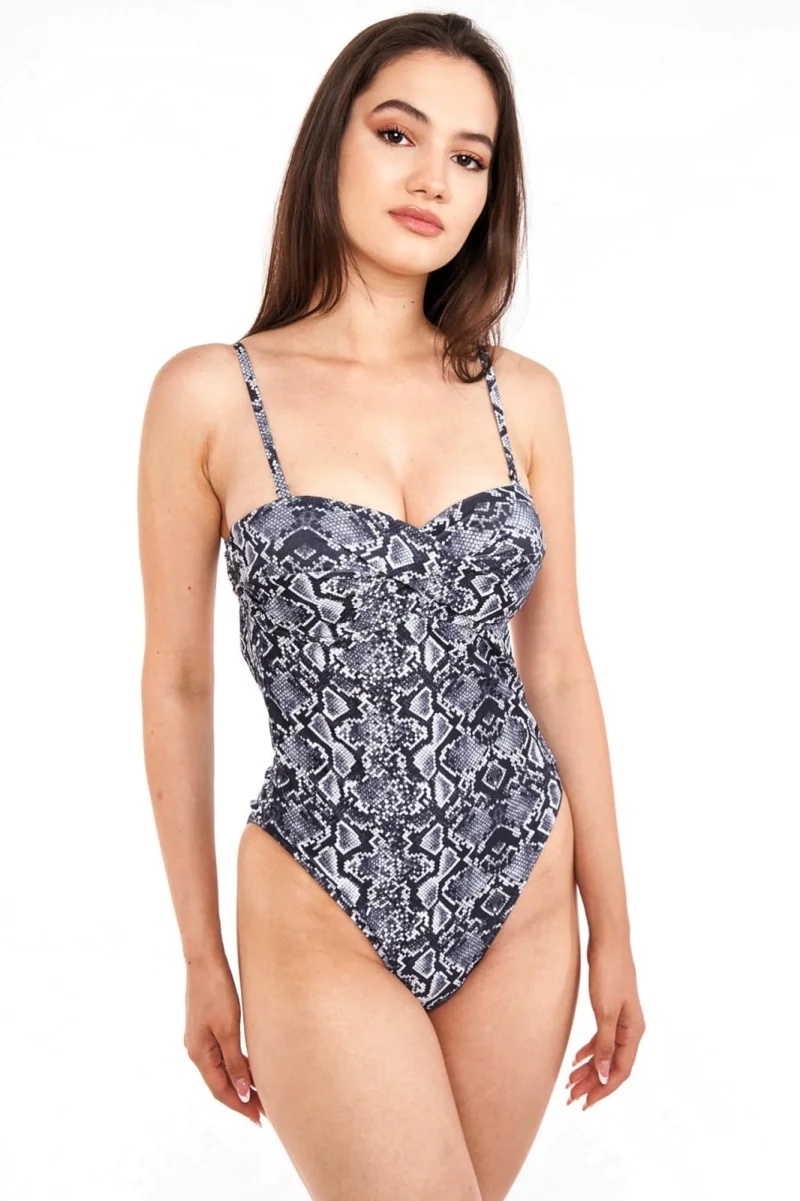 Costum de baie intreg cu push up, gri,dama,cu imprimeu animal print, Black Snake
