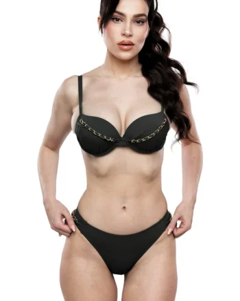 Costum de baie push-up, negru, cu detalii metalice lant auriu, slip normal, Vibrant embody