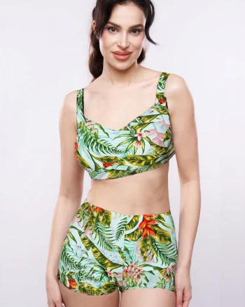 Costum de baie 2 piese, marime mare, cu slipi tip pantaloni scurti, sutien bustiera, verde, Bya