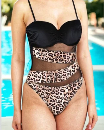 Costum baie intreg dama, efect modelator, aspect plasa in fata, animal print, maro