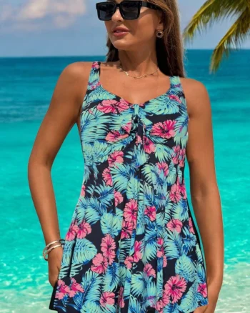 Costum de baie marime mare, tankini, 2 piese, fusta si pantaloni scurti, tropical bliss w139