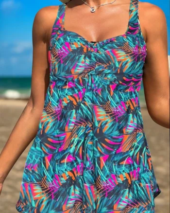 Costum de baie marime mare, tankini, 2 piese, fusta si pantaloni scurti, Bali f2501