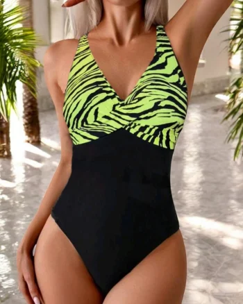 Costum de baie intreg dama, modelator, negru galben neon, Wild paradise