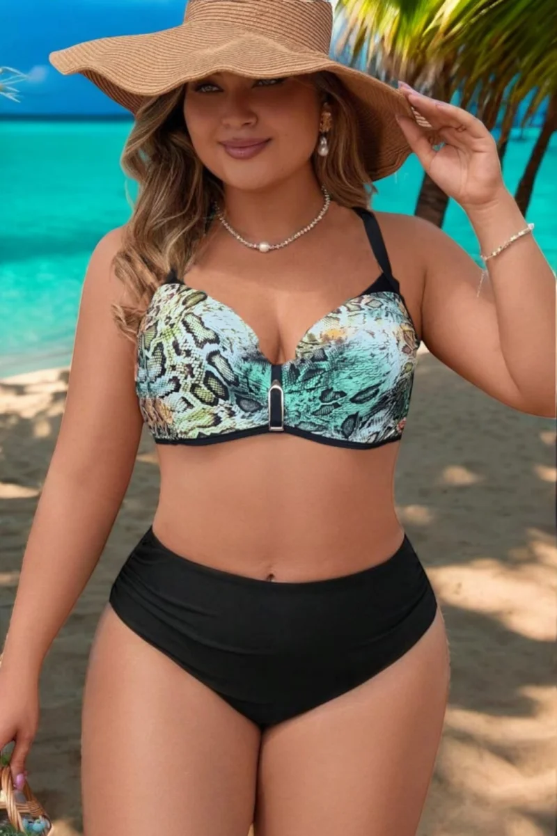 Costum de baie marime mare, 2 piese, cupe voluminoase, Serena negru verde