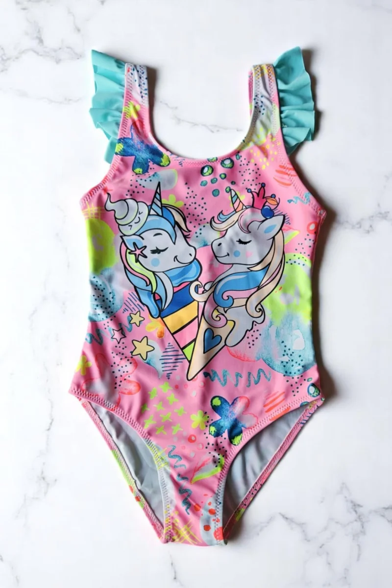 Costum de baie fete intreg, imprimeu unicorni, roz albastru
