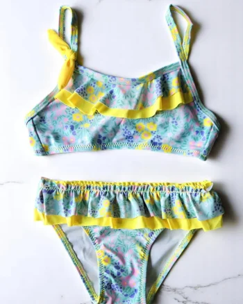 Costum de baie fete 2 piese, cu volane albastru galben