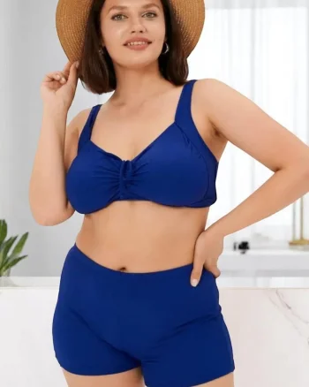 Costum baie dama 2 piese, marime mare, slipi tip pantaloni scurti, albastru inchis m5202