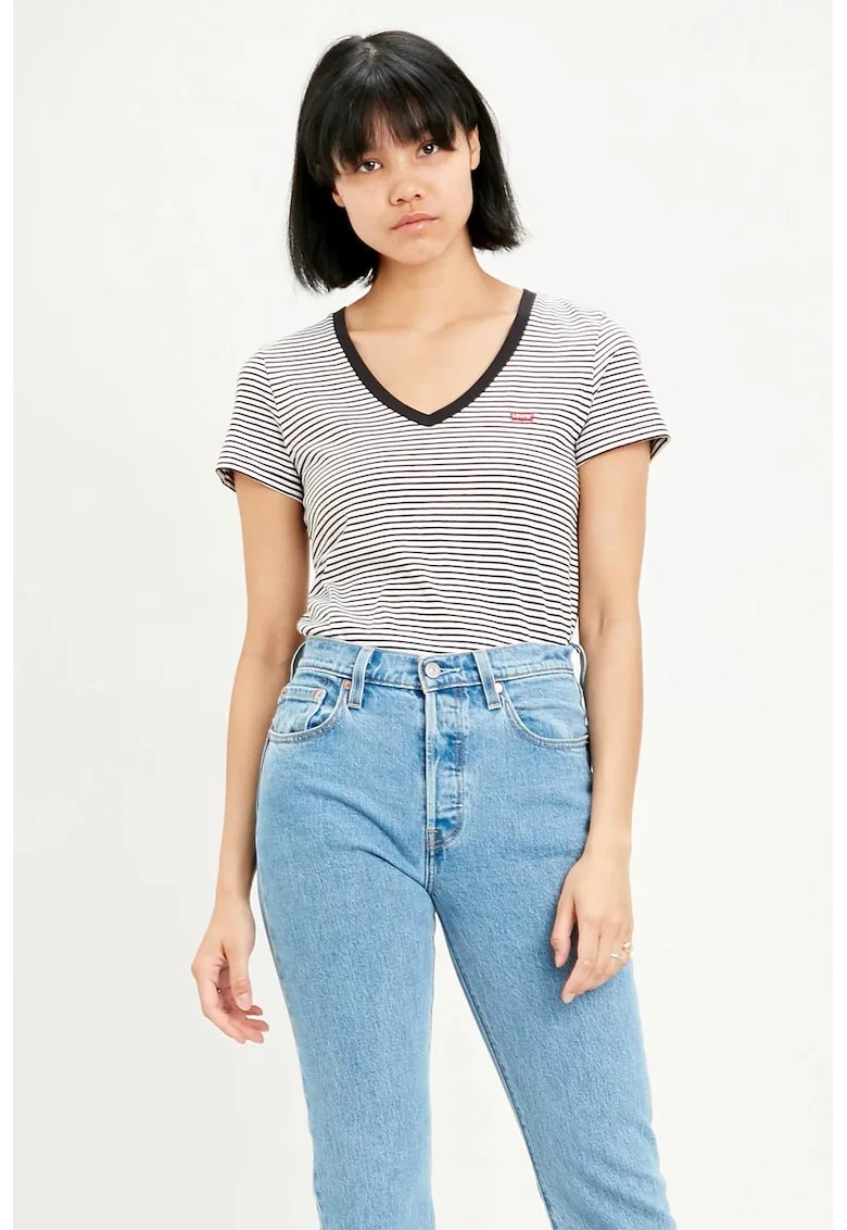 Tricou din bumbac cu decolteu in V, Rosu/Alb/Negru