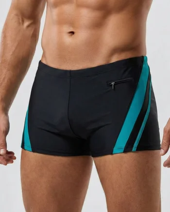 Slip de baie barbati tip boxeri, cu snur si buzunar cu fermoar negru verde Q329
