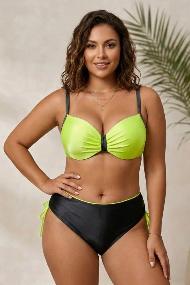 Costum de Baie Elegant din Doua Piese, Sutien Sidefat si Slip Negru cu Talie Inalta y9223 negru neon