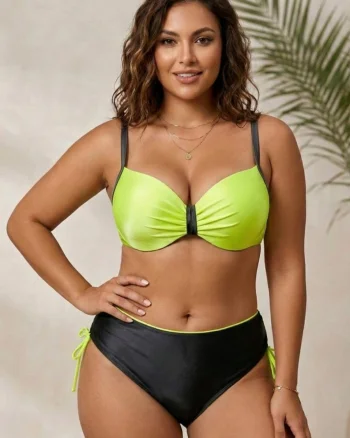 Costum de Baie Elegant din Doua Piese, Sutien Sidefat si Slip Negru cu Talie Inalta y9223 negru neon