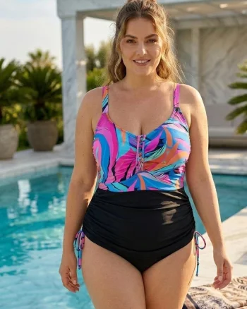 Costum de Baie Intreg Dama, Top Multicolour Abstract si Partea Inferioara Neagra Modelatoare LM072