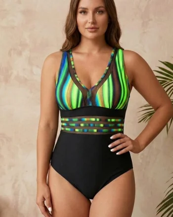 Costum baie intreg modelator cu imprimeu tropical si insertii transparente negru neon 22774