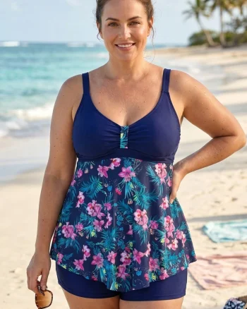 Costum de baie marime mare tip tankini, doua piese, fusta si pantaloni scurti, bleumarin w110