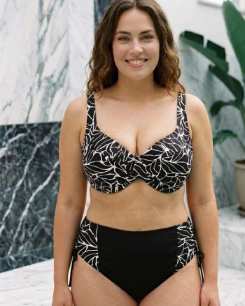 Costum de Baie 2 piese cu Imprimeu Tropical Alb-Negru si Talie Inalta 6601