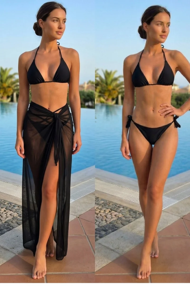 Set 3 Piese Costum de Baie cu Pareo Lung  Negru  Y9221