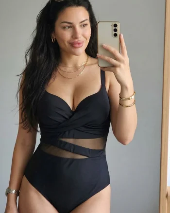 Costum de Baie Intreg Modelator Negru, cu Insertii de Plasa Transparenta w143