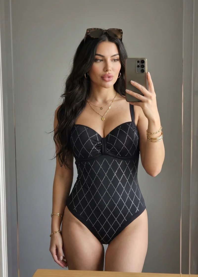 Costum de baie intreg negru cu aplicatii stralucitoare, model romburi W151 negru