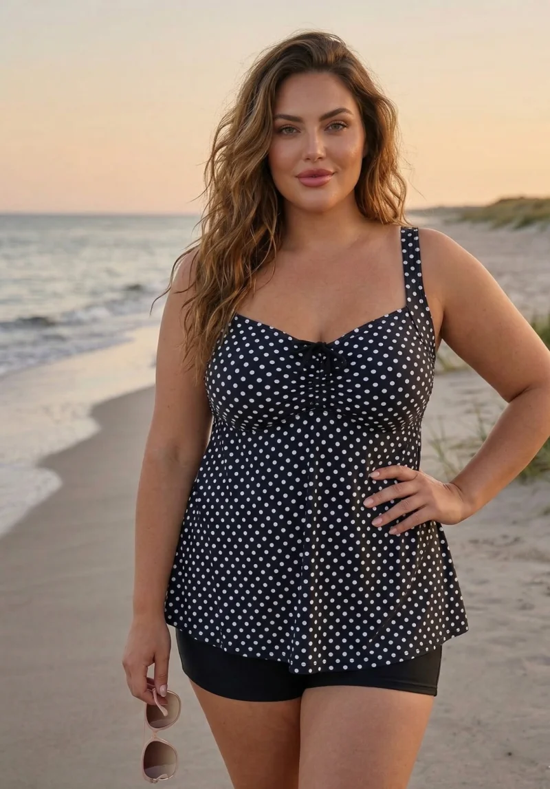 Costum de Baie Tankini cu rochita si slip pantaloni scurti 2 Piese buline f2503