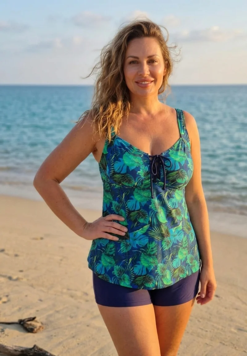 Costum de Baie Tankini cu rochita si slip pantaloni scurti 2 Piese tropical palms F2503