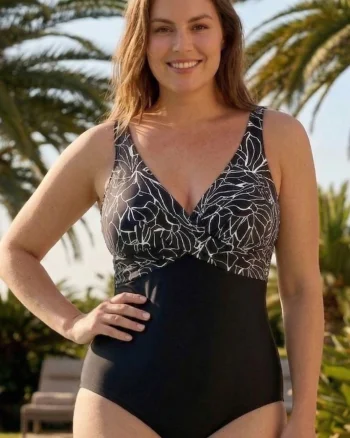 Costum de Baie Intreg Dama - Model Tropical Twist Negru alb modelator 6605