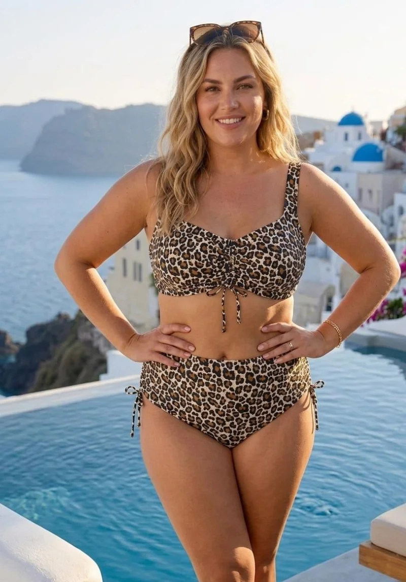 Costum de Baie din Doua Piese cu Imprimeu Leopard si Talie Inalta w927
