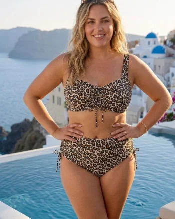 Costum de Baie din Doua Piese cu Imprimeu Leopard si Talie Inalta w927