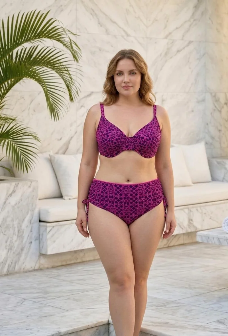 Costum de Baie Dama din Doua Piese, Roz-Negru marime mare, Talie Inalta lm082