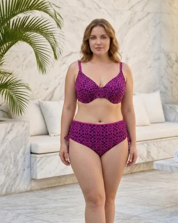 Costum de Baie Dama din Doua Piese, Roz-Negru marime mare, Talie Inalta lm082