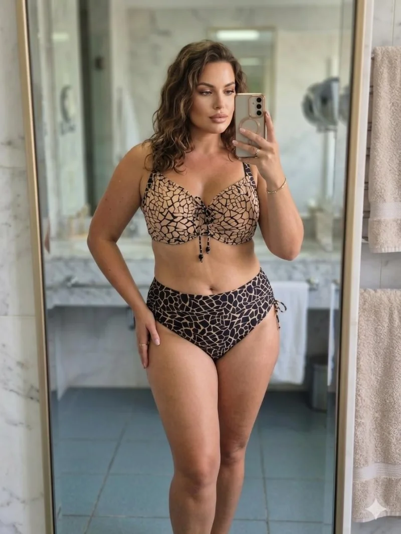 Costum de baie dama 2 piese, talie inalta, sutien cu sustinere bej negru y9200