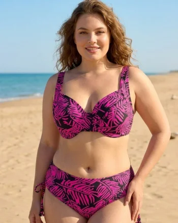 Costum de baie 2 piese marimi mari roz cu imprimeu tropical si sutien cu sustinere lm068