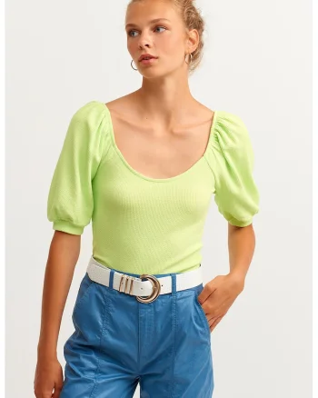 Bluza cu maneci scurte si decolteu rotund, Verde fistic