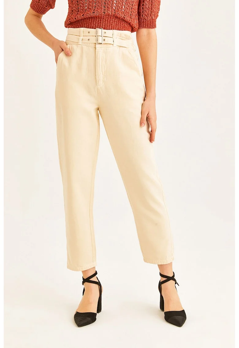 Pantaloni uni cu talie inalta, Bej deschis