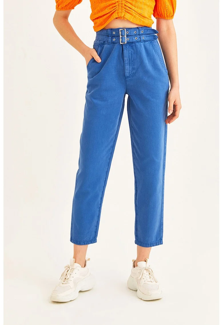 Pantaloni uni cu talie inalta, Albastru