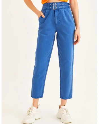 Pantaloni uni cu talie inalta, Albastru