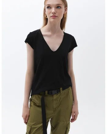 Tricou de bumbac cu decolteu in V, Negru