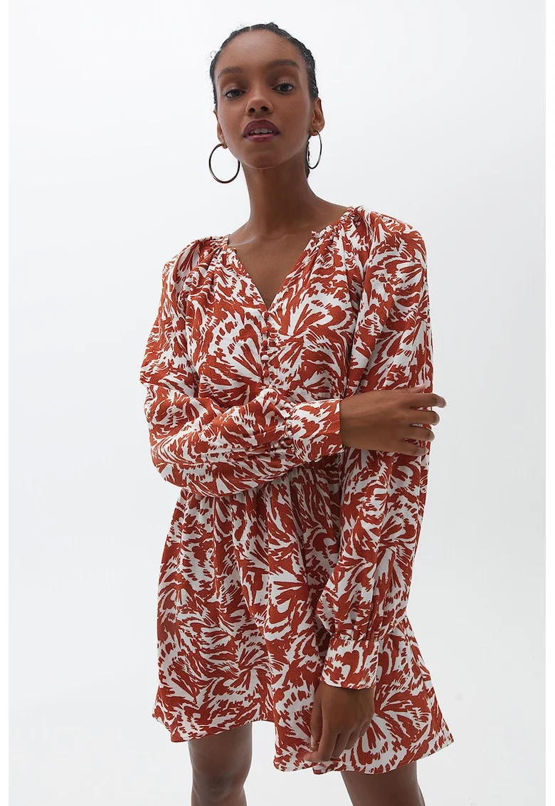 Rochie mini cu model si talie elastica, Alb/Caramiziu