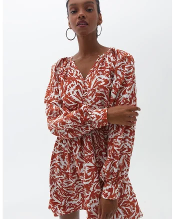 Rochie mini cu model si talie elastica, Alb/Caramiziu